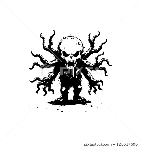 Creepy Skull Creature with Branch Limbs: Spooky Halloween Illustration for Dark Designs Creepy Skull Creature with Branch Limbs: Spooky Halloween Illustration for Dark Designs 128017606