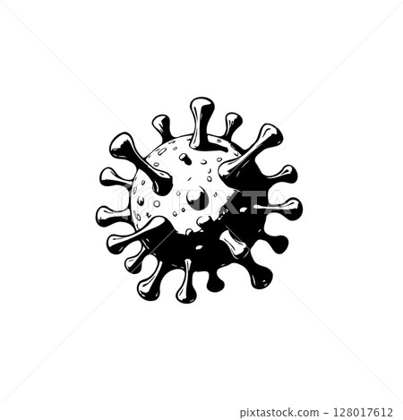 Monochrome Illustration of a Coronavirus Particle with Spikes and Surface Detail 128017612