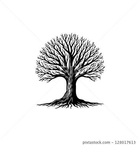Aesthetic and Simple Black and White Tree with Roots Vector Illustration 128017613