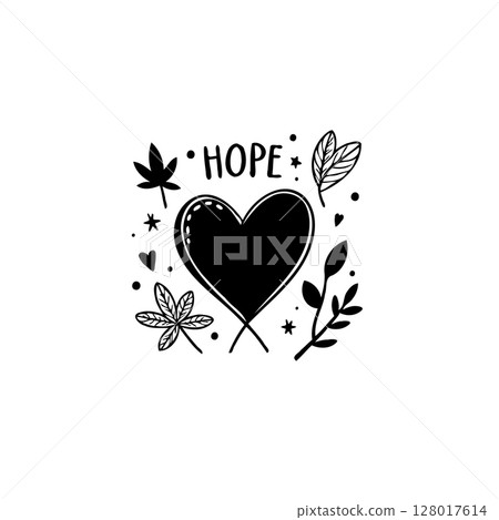 Black and white doodle with heart shape and hope text on the white background 128017614