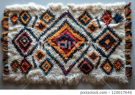 Handwoven rug texture with geometric print on a white background. Top view. Handwoven rug texture with geometric print on a white background. Top view. 128017648