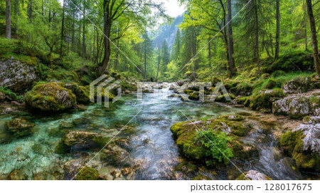 Clear River Flowing Through a Lush Green Forest 128017675