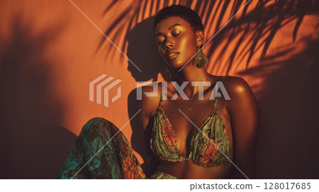 Serene Woman in Golden Sunset Light 128017685