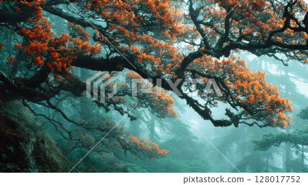 Orange and Teal Tree Branches in Misty Forest 128017752