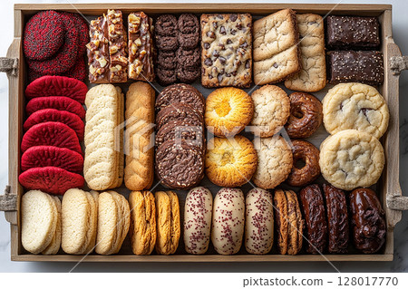 Variety of bakes and cookies in on a wooden trading tray on a white background. Variety of bakes and cookies in on a wooden trading tray on a white background. 128017770