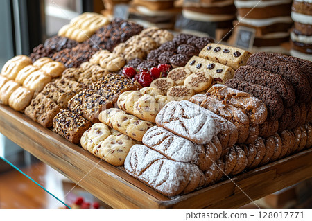 Variety of bakes, cookies and biscotti in on a wooden trading tray in cafe. Variety of bakes, cookies and biscotti in on a wooden trading tray in cafe. 128017771