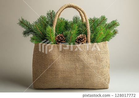 Reusable shopping bag made of fabric with Christmas tree branches on a white background. Reusable shopping bag made of fabric with Christmas tree branches on a white background. 128017772