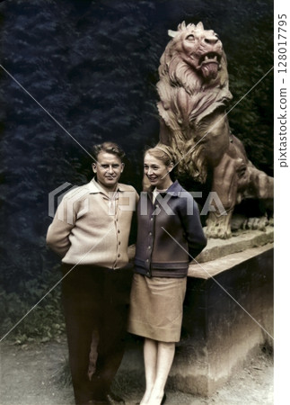 Vintage portrait of smiling and happy man and woman. Retro photo 1961. Vintage portrait of smiling and happy man and woman. Retro photo 1961. 128017795