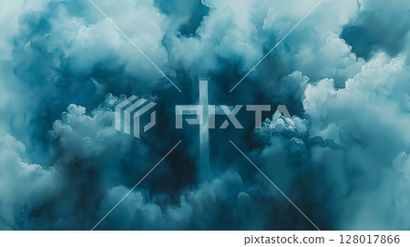 A cross shines through clouds symbolizing resurrection and hope in a dramatic sky 128017866