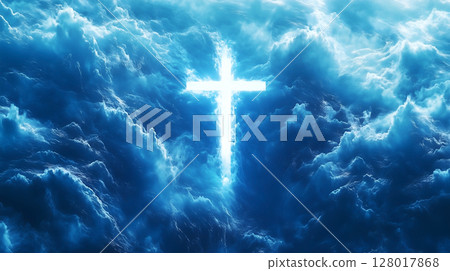 A glowing cross illuminates the sky, symbolizing resurrection and hope in Christianity 128017868
