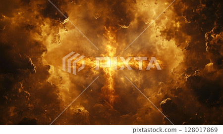 A radiant cross illuminated against a dramatic sky symbolizing resurrection and divine presence 128017869
