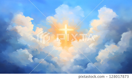 A radiant cross shines through the clouds in a bright sky, symbolizing resurrection and hope 128017873