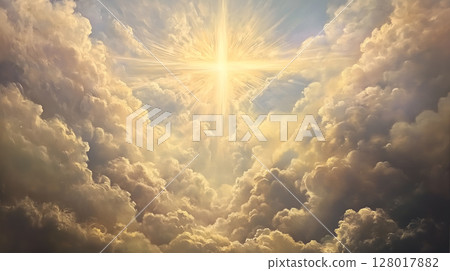 A radiant cross shines brightly in the sky, symbolizing resurrection and faith in Christianity 128017882