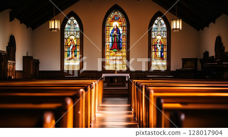 A serene church interior featuring stained glass windows and wooden pews during the day 128017904