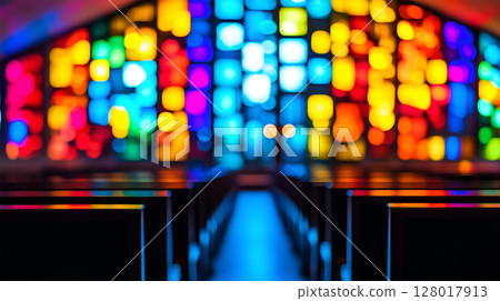 Vibrant stained glass illuminates the interior of a church during a calm afternoon service 128017913