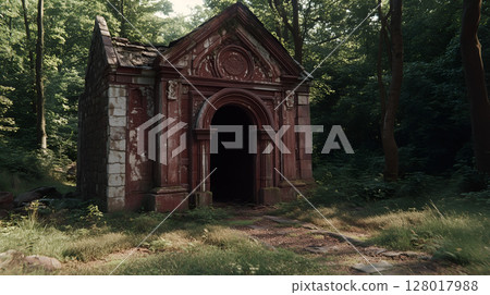 Abandoned church structure surrounded by lush greenery in a quiet forest setting during daylight 128017988