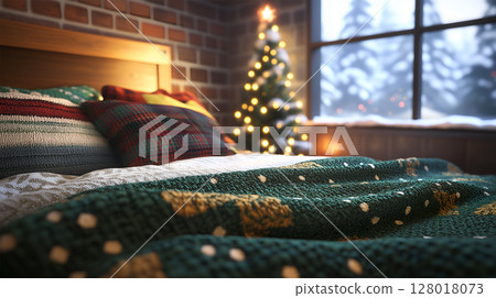 Cozy winter bedroom with festive Christmas decorations and a glowing tree by the window 128018073