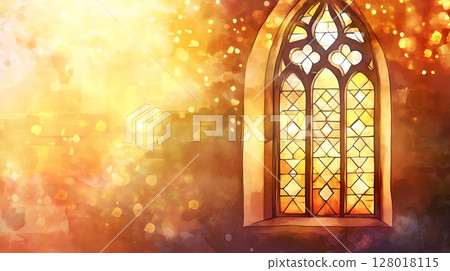 A beautiful church window illuminating the interior with vibrant colors during golden hour 128018115