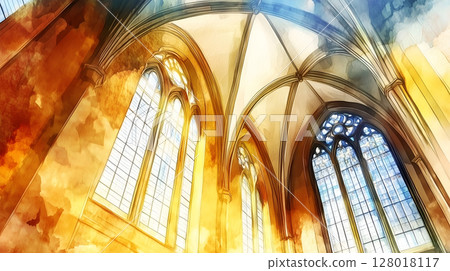 Sunlight streaming through stained glass windows in a historic church interior at sunset Sunlight streaming through stained glass windows in a historic church interior at sunset 128018117