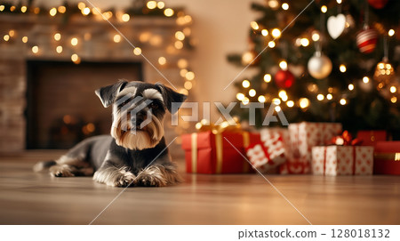 Miniature Schnauzer rests near a decorated Christmas tree surrounded by festive gifts 128018132