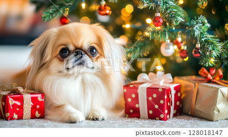 Adorable Pekingese dog relaxing by a beautifully decorated Christmas tree and wrapped gifts 128018147