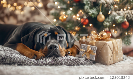 Rottweiler resting by a beautifully decorated Christmas tree with gifts nearby 128018243