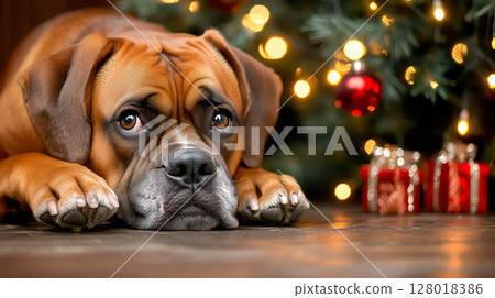 A curious boxer dog relaxing by a decorated Christmas tree with gifts and lights A curious boxer dog relaxing by a decorated Christmas tree with gifts and lights 128018386