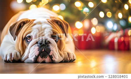 A bulldog lays on a hardwood floor in front of a Christmas tree 128018401