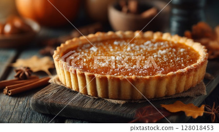Delicious Homemade Pumpkin Pie on Rustic Wooden Table 128018453