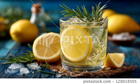 Refreshing Lemon Rosemary Cocktail on Blue Wooden Table 128018505