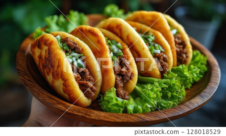 Savory Mini Beef Tacos on Wooden Plate 128018529