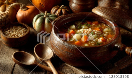 Rustic Autumn Vegetable Barley Soup in Brown Bowl 128018598