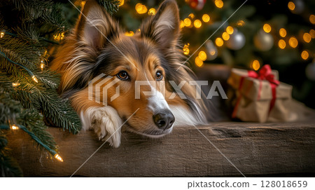 A collie relaxing beside a beautifully decorated Christmas tree with twinkling lights A collie relaxing beside a beautifully decorated Christmas tree with twinkling lights 128018659