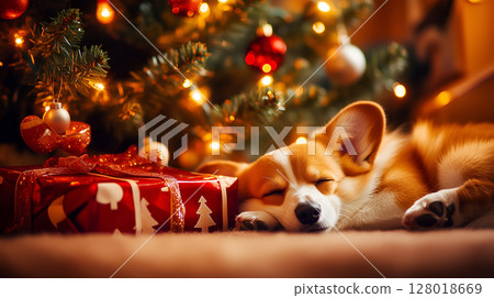 A cozy corgi resting beside Christmas gifts under the decorated tree during the festive season 128018669