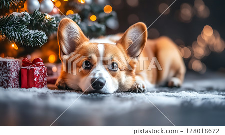 Corgi dog resting by the Christmas tree with decorations and presents in a cozy holiday setting Corgi dog resting by the Christmas tree with decorations and presents in a cozy holiday setting 128018672