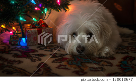 Coton De Tulear resting under a decorated Christmas tree with gifts nearby Coton De Tulear resting under a decorated Christmas tree with gifts nearby 128018677