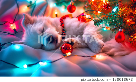 Adorable Coton De Tulear dog sleeping beside a decorated Christmas tree and colorful lights Adorable Coton De Tulear dog sleeping beside a decorated Christmas tree and colorful lights 128018678