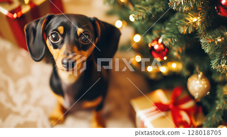 Dachshund in front of a Christmas tree surrounded by decorations and presents Dachshund in front of a Christmas tree surrounded by decorations and presents 128018705