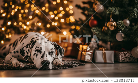 Dalmatian resting peacefully beside beautifully decorated Christmas trees with lights and gifts 128018715