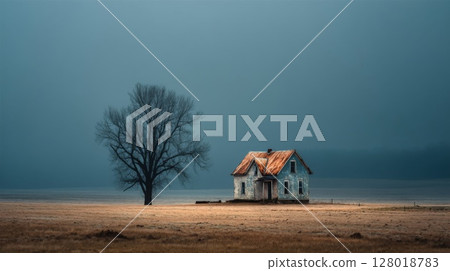 Lonely Farmhouse in a Foggy Field 128018783