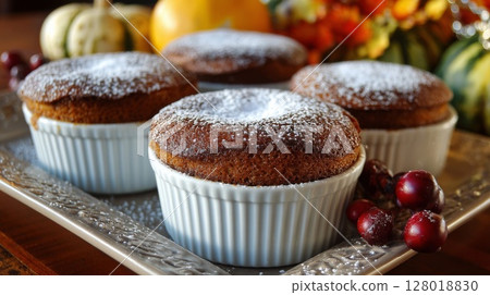Pumpkin Souffl?s with Cranberries Autumnal Dessert 128018830