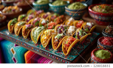 Colorful Array of Mini Tacos on Ornate Tray 128018831