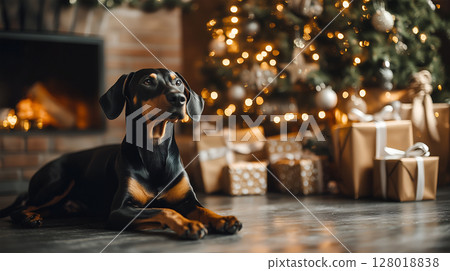 A Doberman relaxes beside a beautifully decorated Christmas tree with presents in a cozy setting 128018838