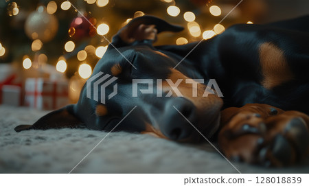 A sleeping Doberman rests peacefully by a beautifully decorated Christmas tree with warm lights 128018839