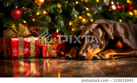 A doberman resting beside a beautifully decorated Christmas tree with presents and lights 128018841
