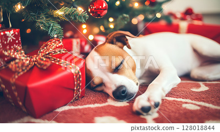 A cozy dog sleeping beside a beautifully decorated Christmas tree and presents A cozy dog sleeping beside a beautifully decorated Christmas tree and presents 128018844