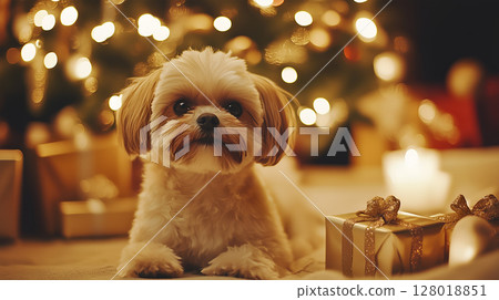 A small dog lies peacefully by a beautifully decorated Christmas tree surrounded by gifts 128018851