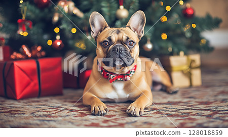 French Bulldog relaxing by the Christmas tree with festive decorations and wrapped gifts 128018859