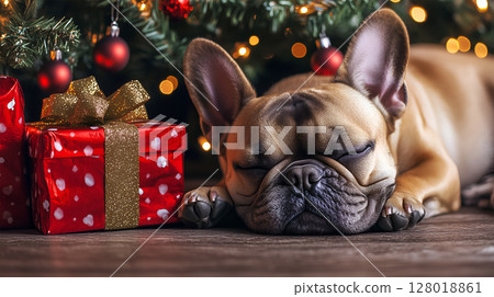 A French Bulldog peacefully rests beside decorated Christmas tree and colorful gifts A French Bulldog peacefully rests beside decorated Christmas tree and colorful gifts 128018861