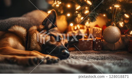 A German Shepherd resting peacefully near a decorated Christmas tree with glowing lights and gifts A German Shepherd resting peacefully near a decorated Christmas tree with glowing lights and gifts 128018871